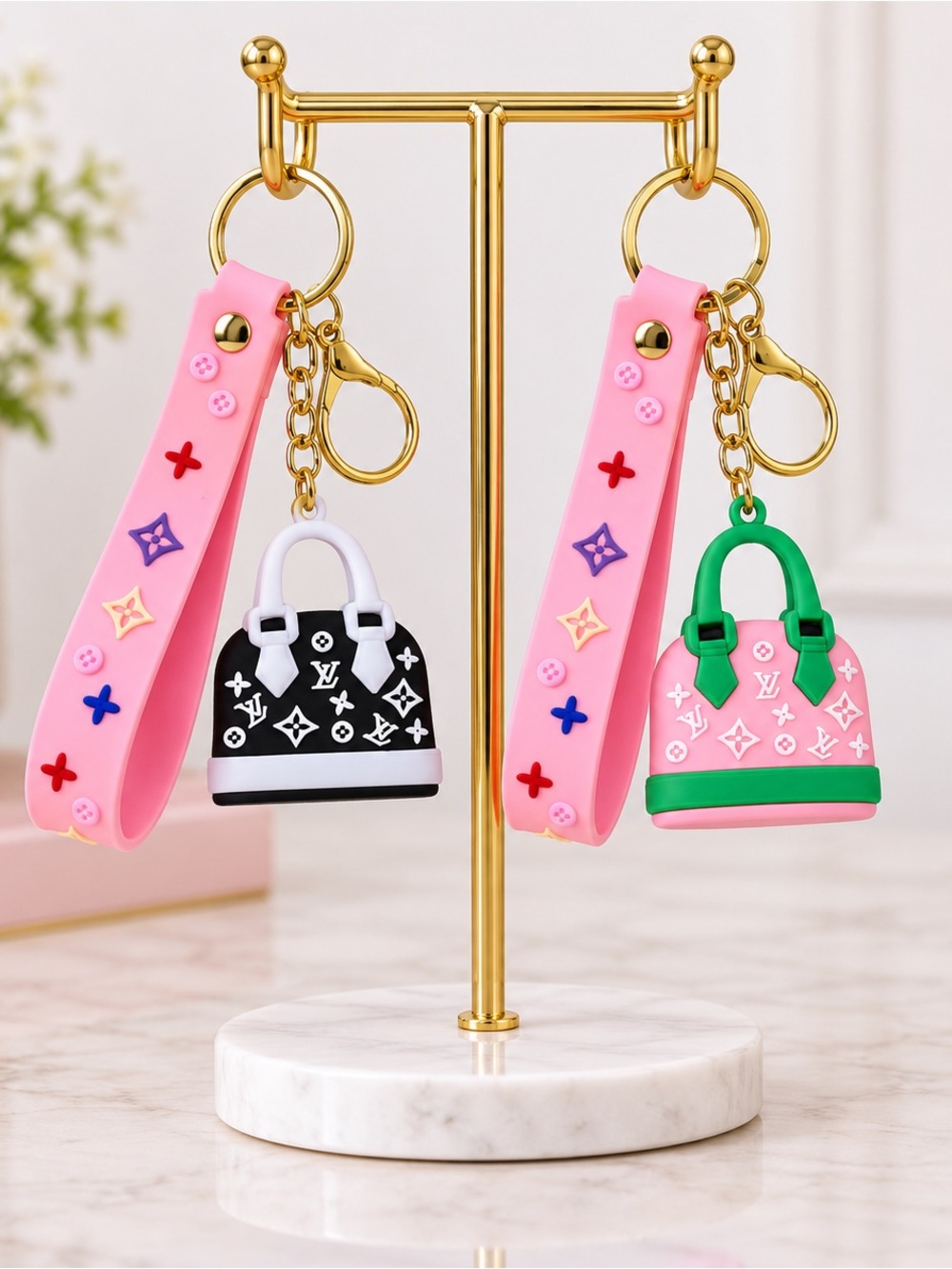 Pink Wristlet Keychain Bundle – Mini LV Print Letters Purse Charms Set of 2